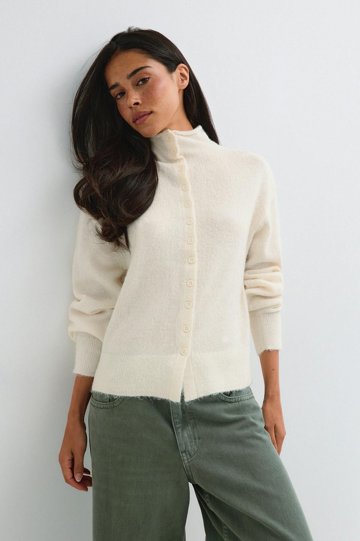 Alpaca funnel knitted cardigan - Brown melange