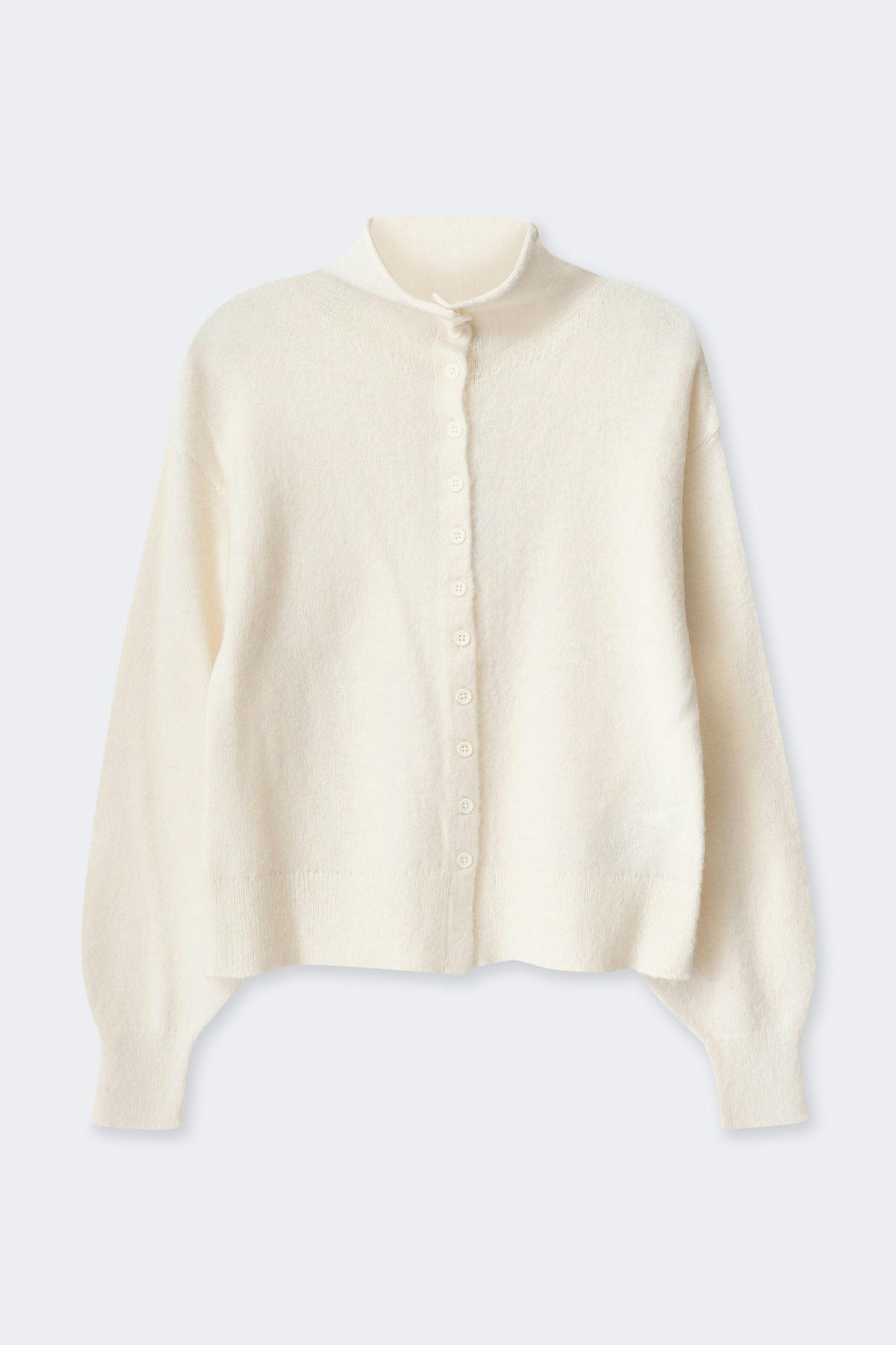 Alpaca funnel knitted cardigan - Blanc cassé