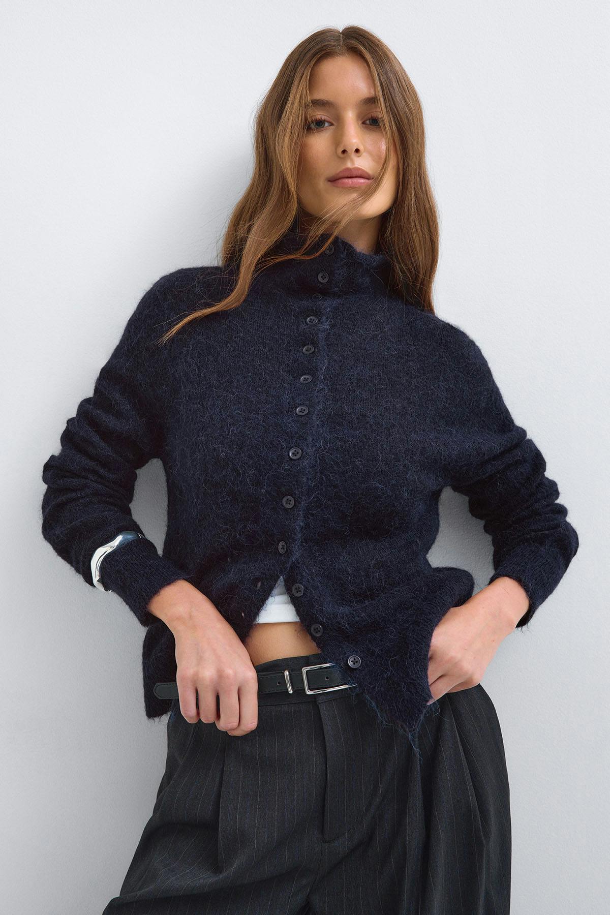 Alpaca funnel knitted cardigan - Blanc cassé