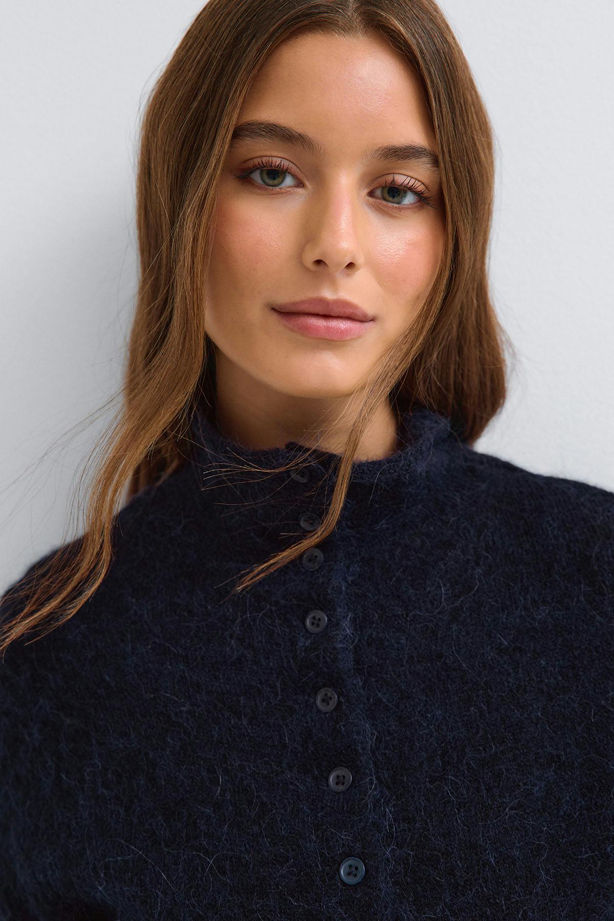 Alpaca funnel knitted cardigan - Blanc cassé