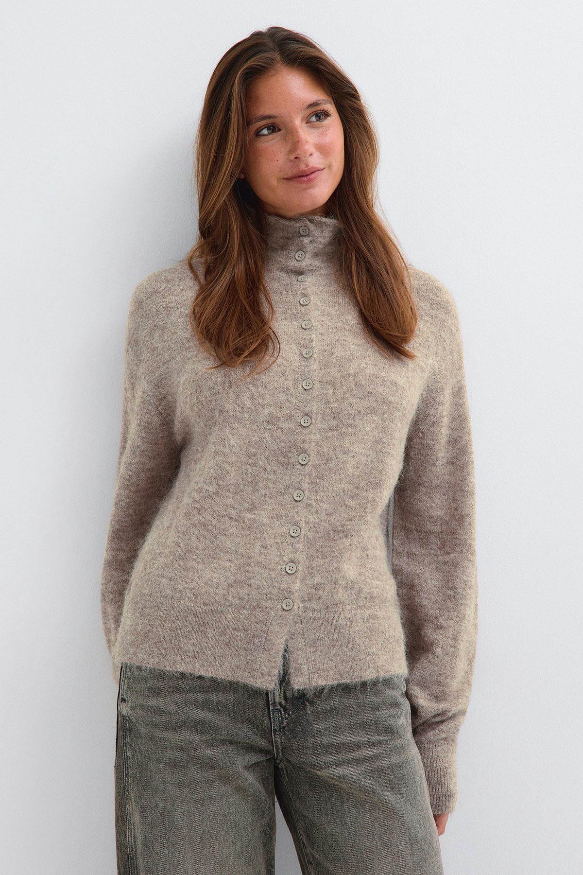 Alpaca funnel knitted cardigan - Marron clair