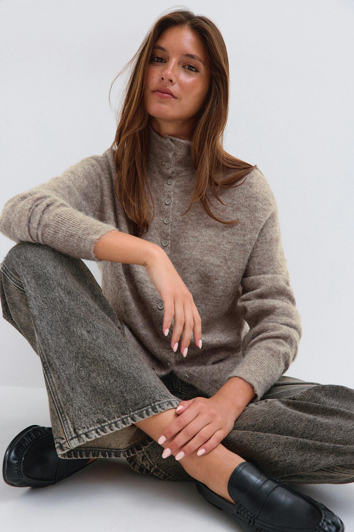 Alpaca funnel knitted cardigan - Marron clair