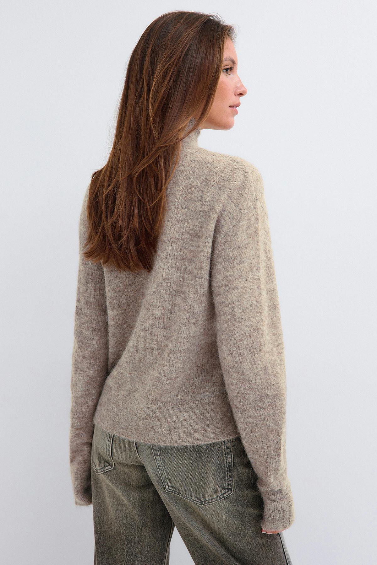 Alpaca funnel knitted cardigan - Marron clair