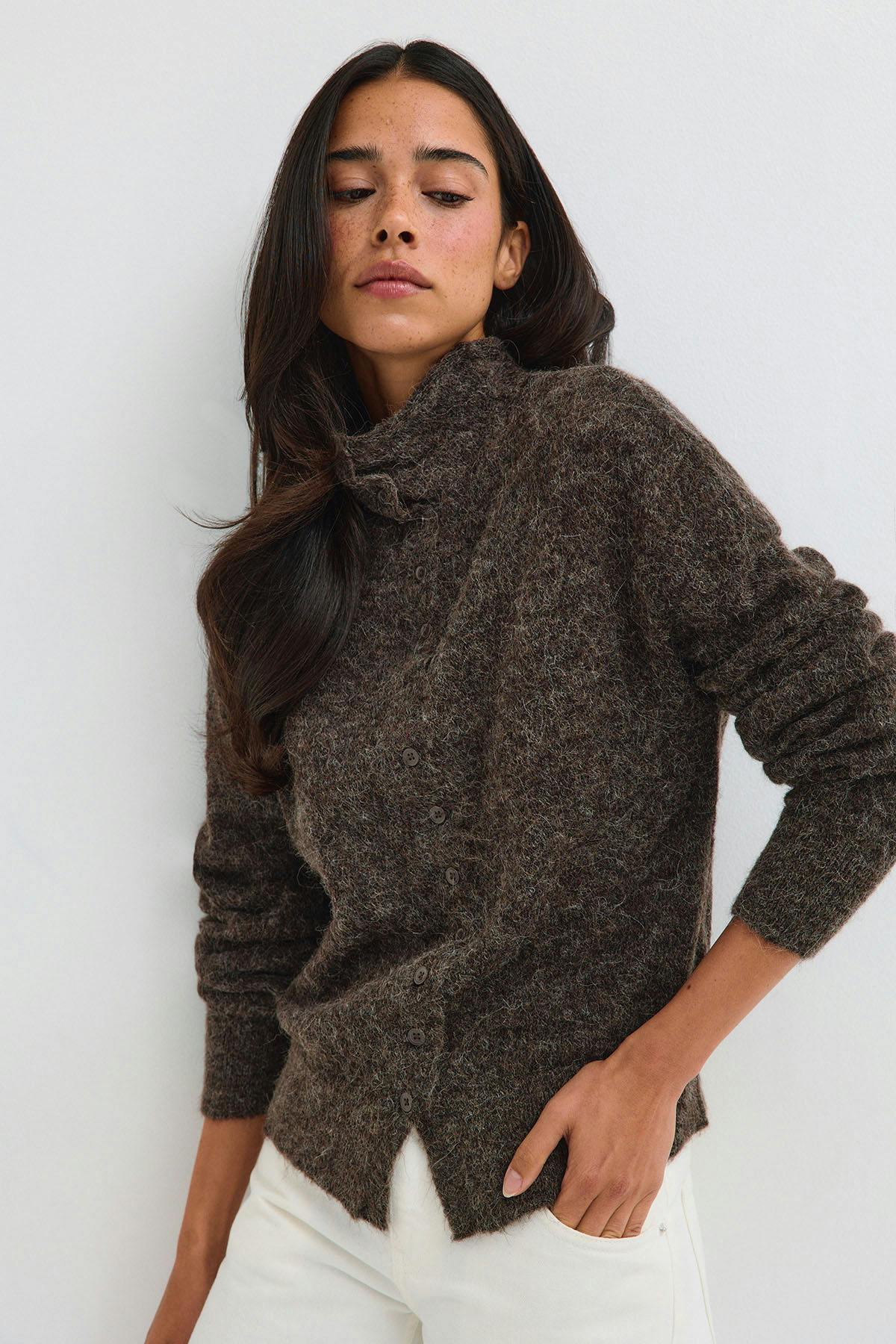 Alpaca funnel knitted cardigan - Marron clair