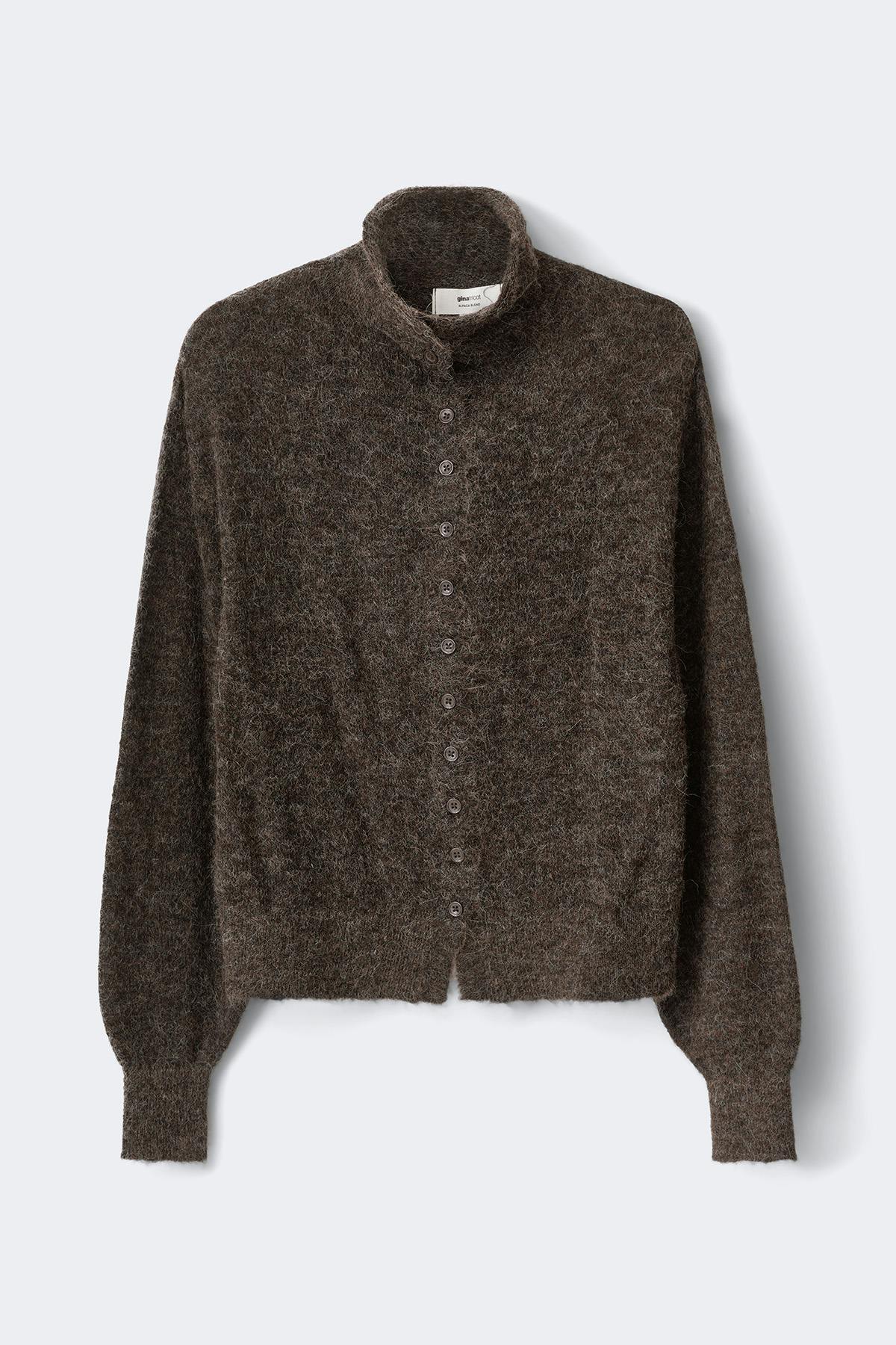 Alpaca funnel knitted cardigan - Brown melange