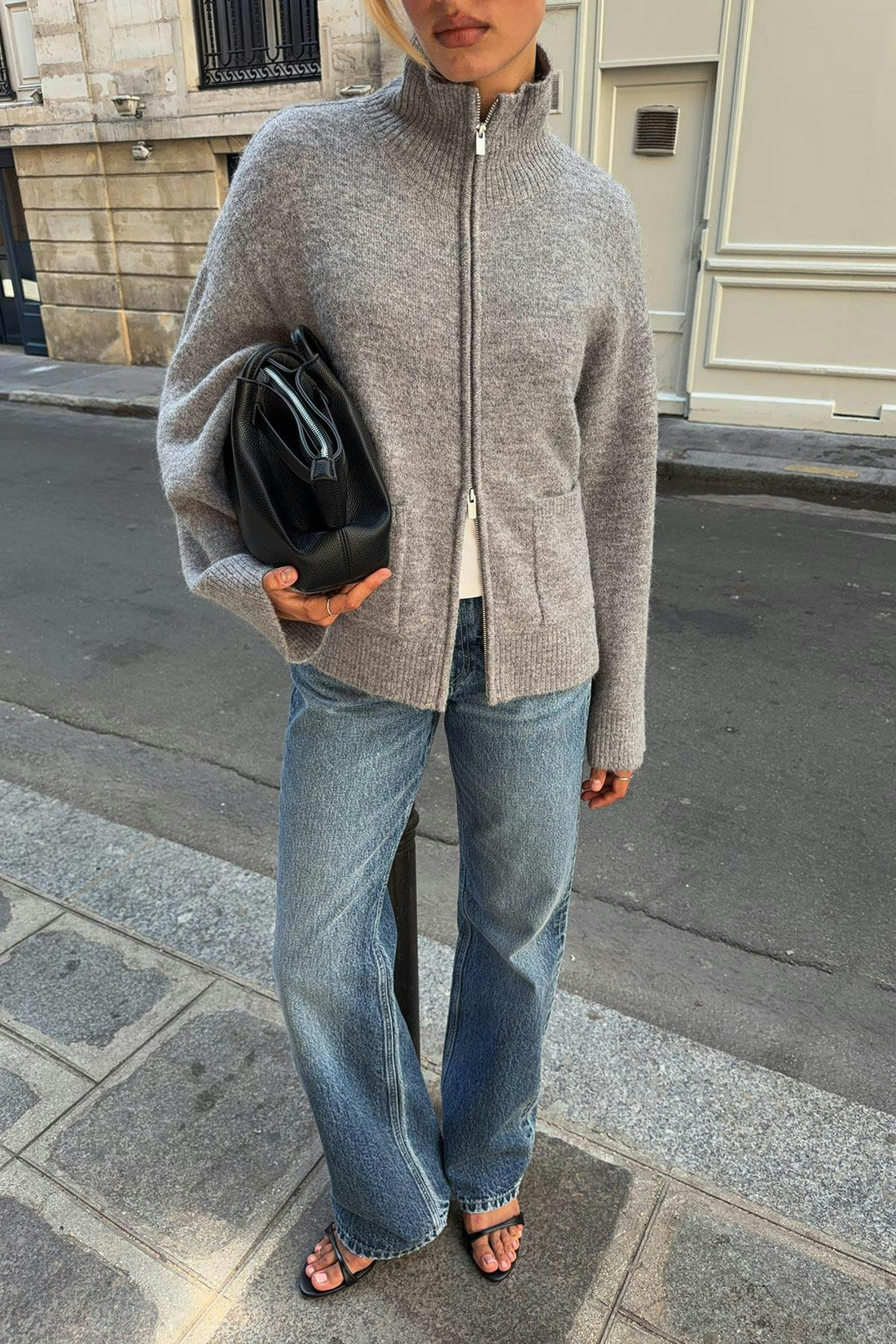 Double zip knitted cardigan - Mid grey mel