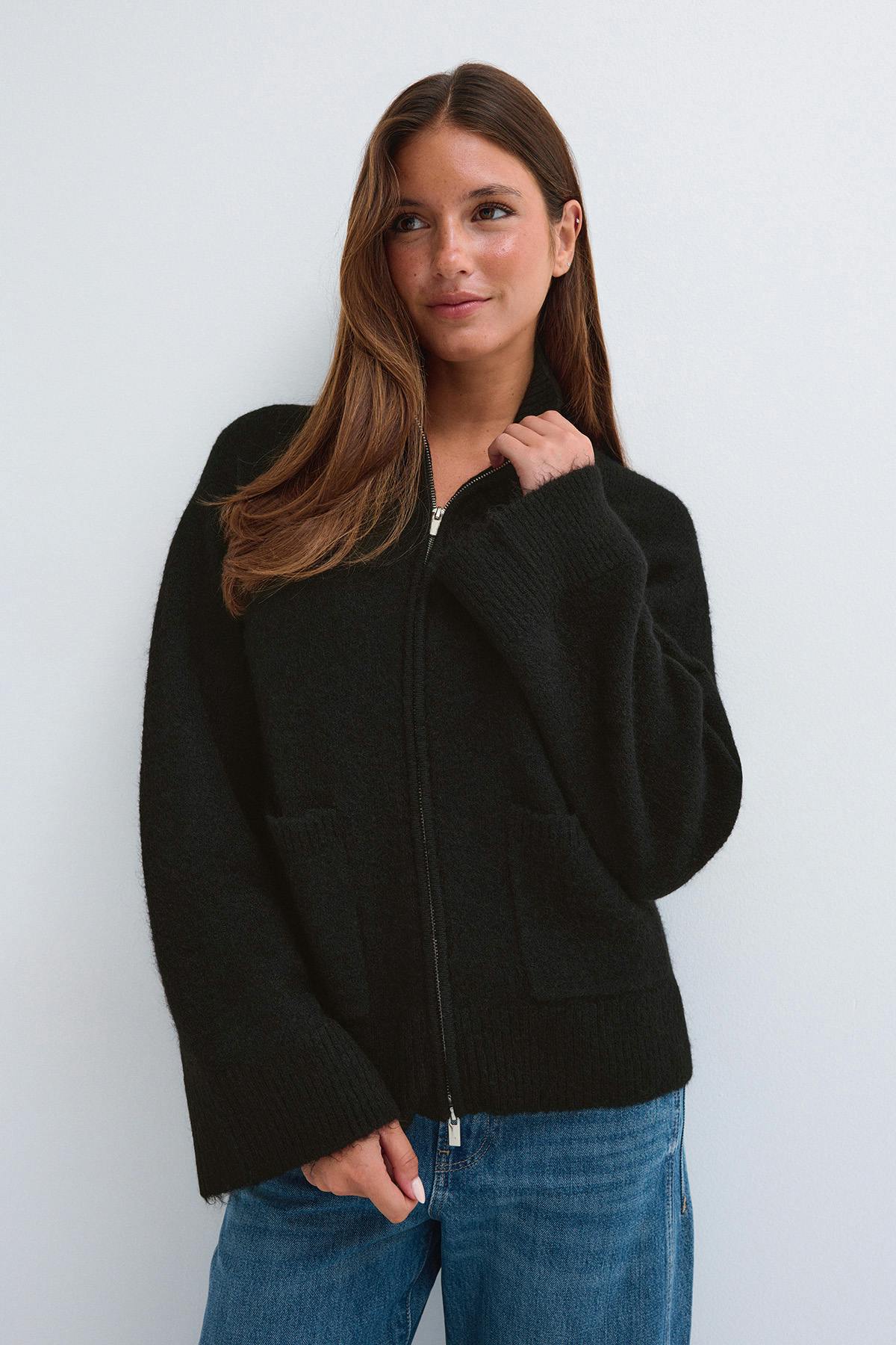 Double zip knitted cardigan - Mid grey mel