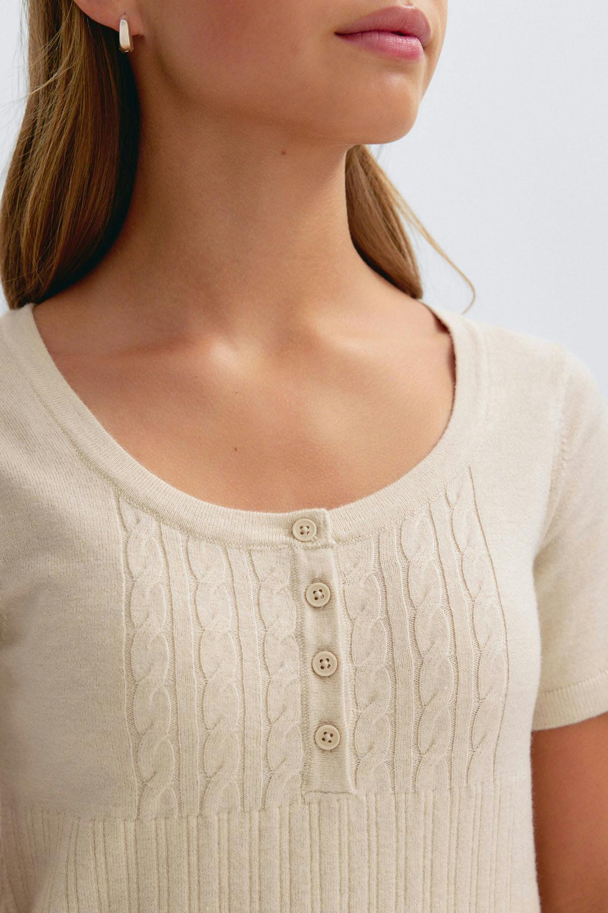 Y knitted short sleeve top - Beige