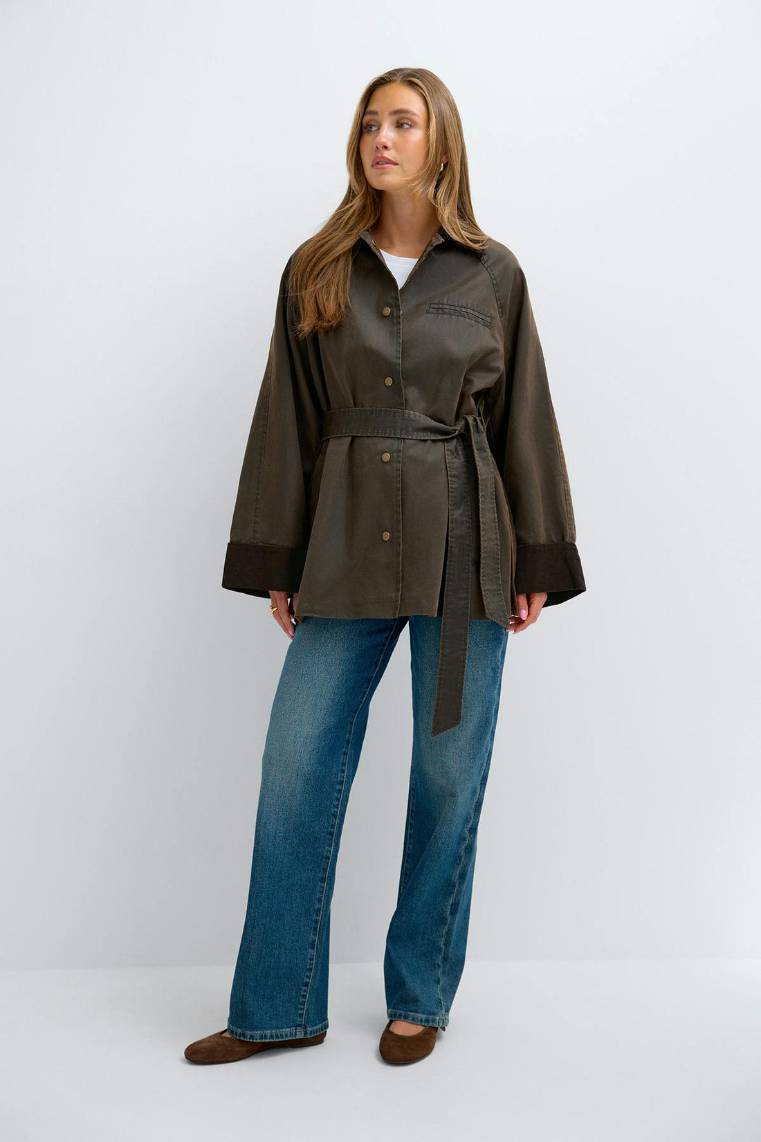 Waxed effect belted jacket - Marron foncé