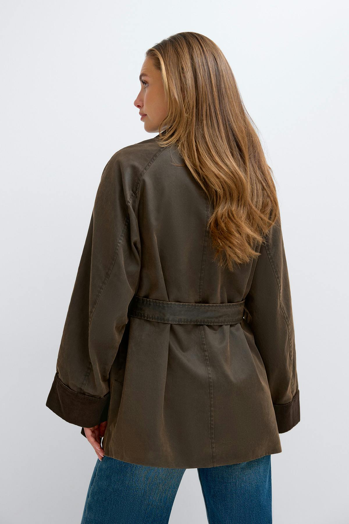Waxed effect belted jacket - Marron foncé