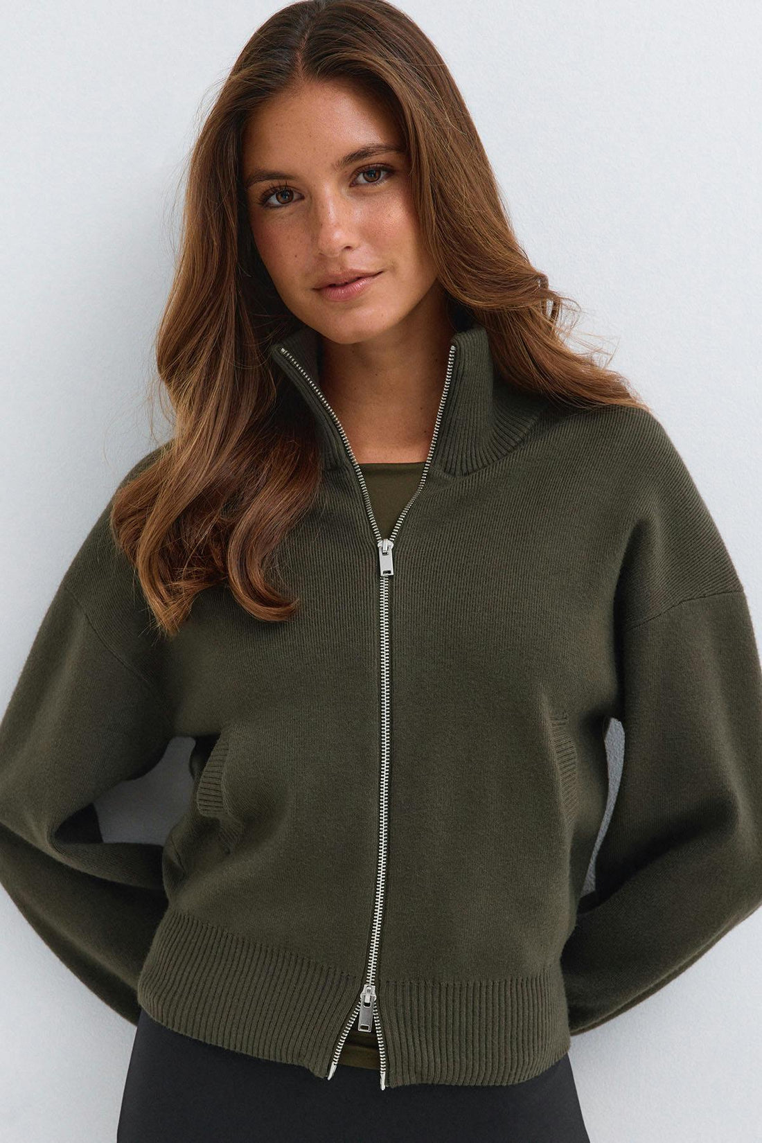 Knitted zip bomber cardigan - Army green