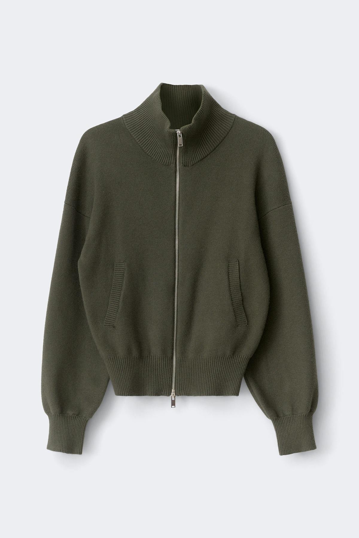 Knitted zip bomber cardigan - Army green