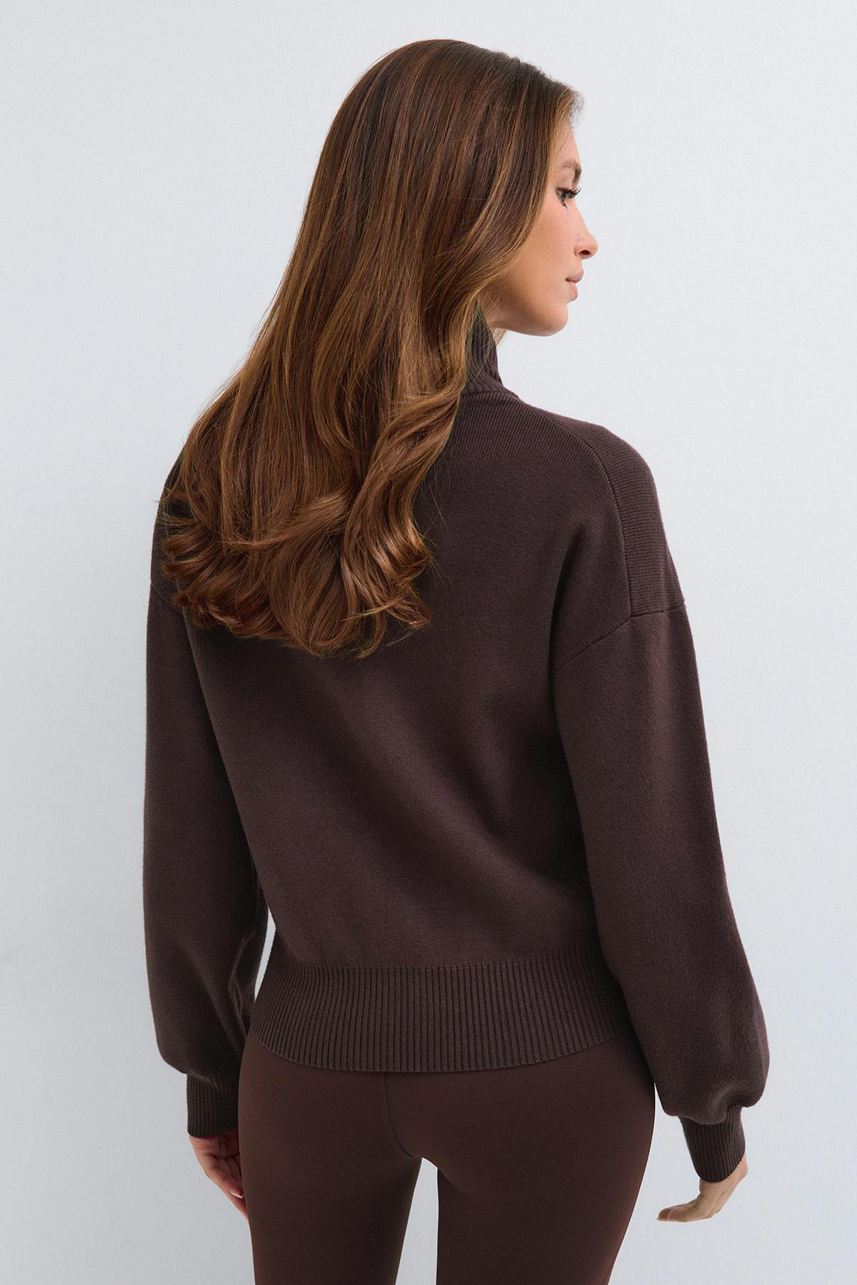Knitted zip bomber cardigan - Marron foncé