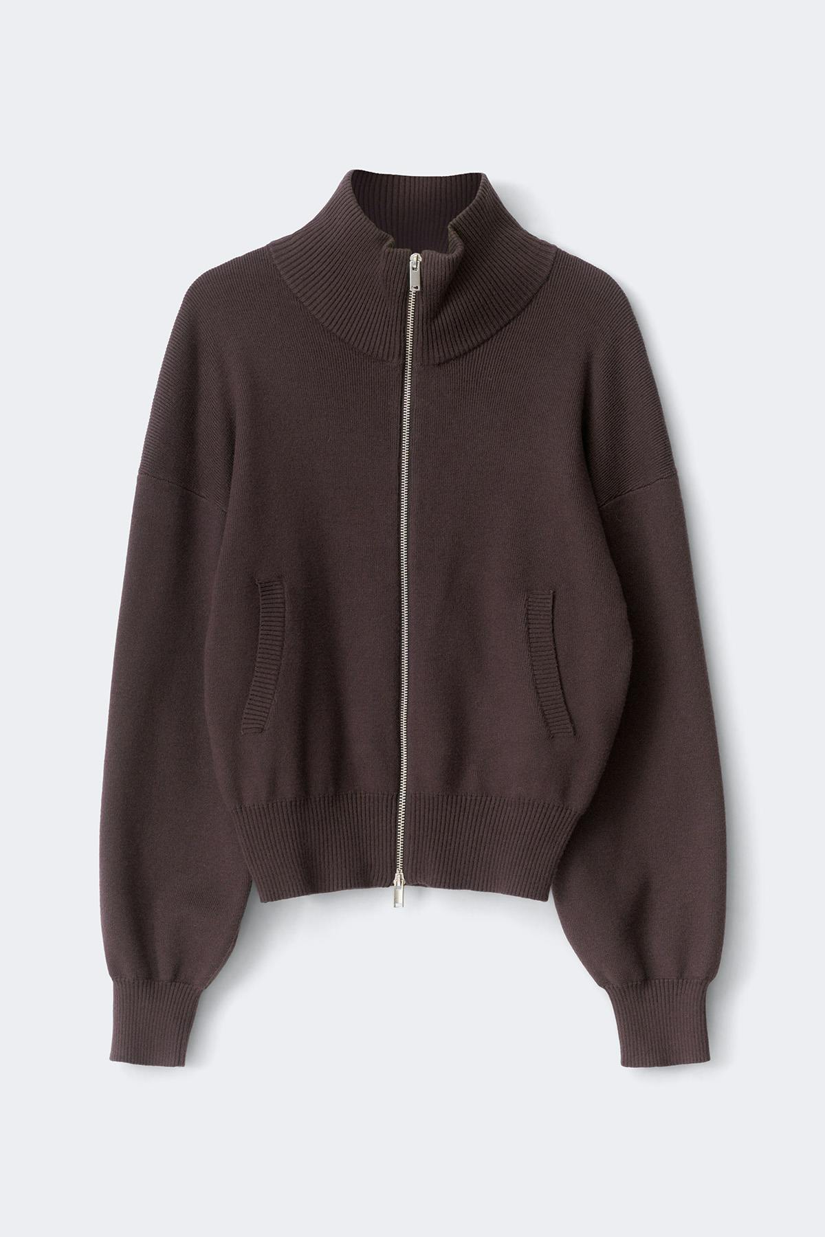 Knitted zip bomber cardigan - Marron foncé