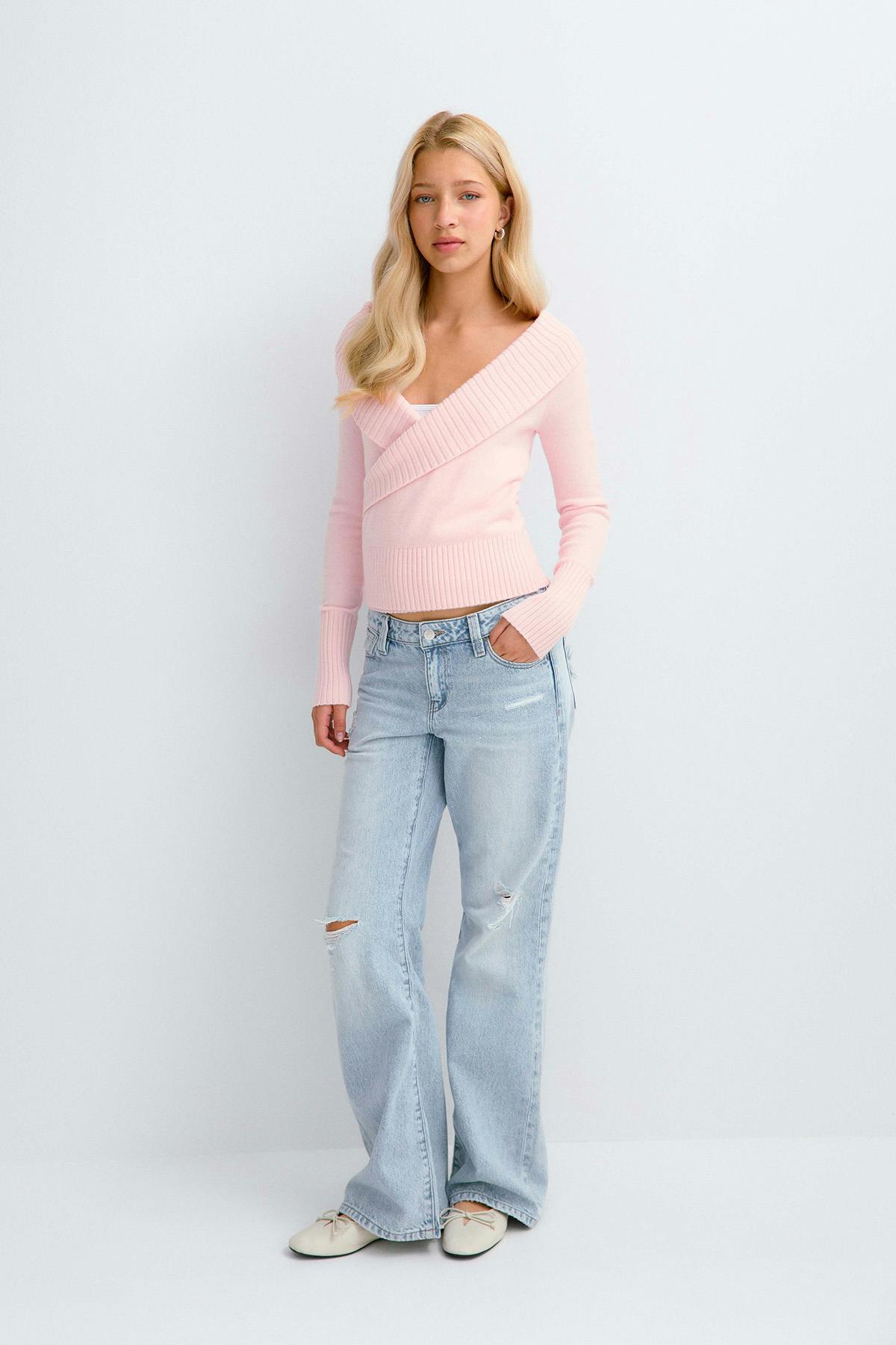 Y knitted wrap sweater - Ballet slipper