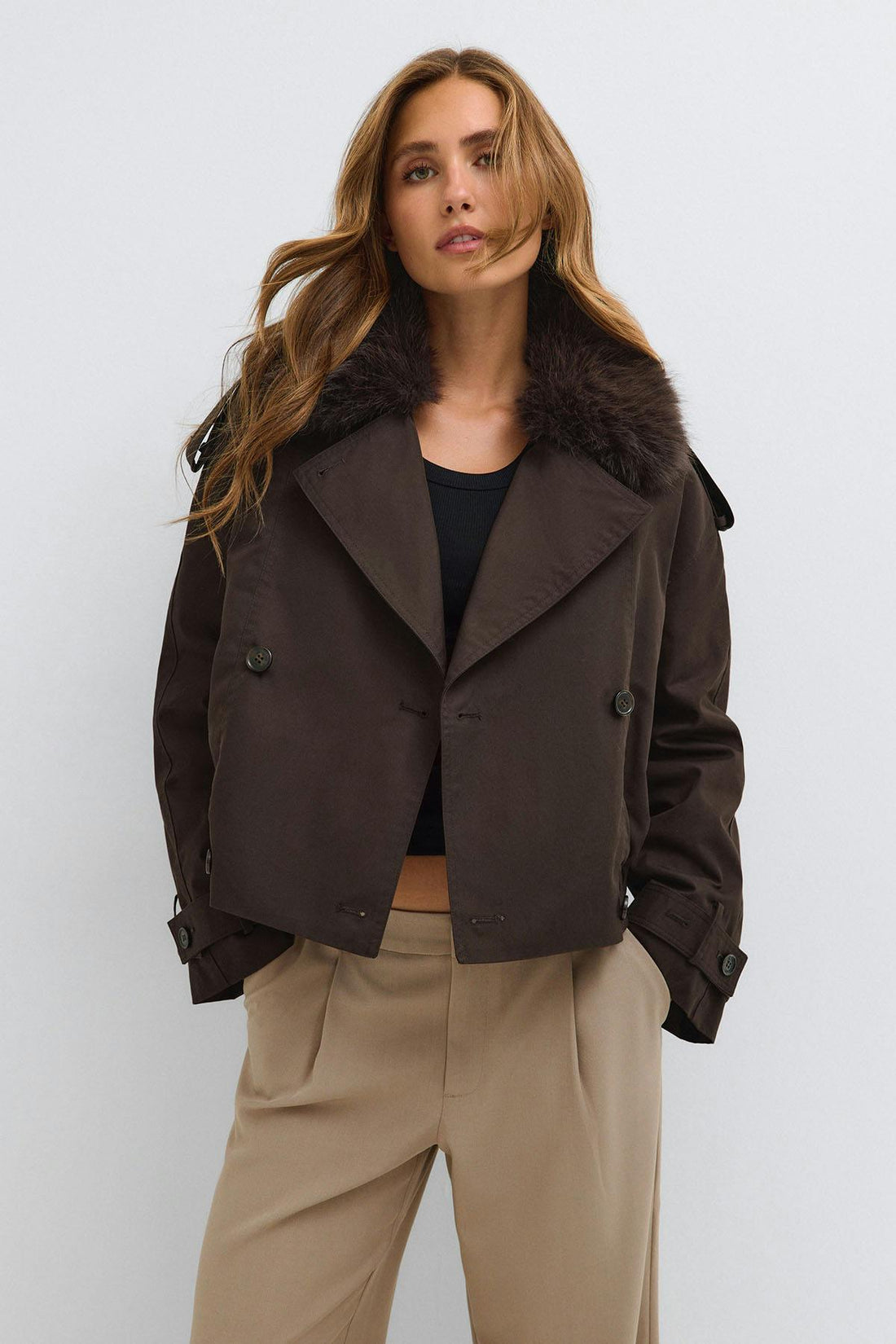 Short faux fur collar jacket - Marron foncé