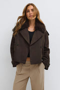 Short faux fur collar jacket - Marron foncé