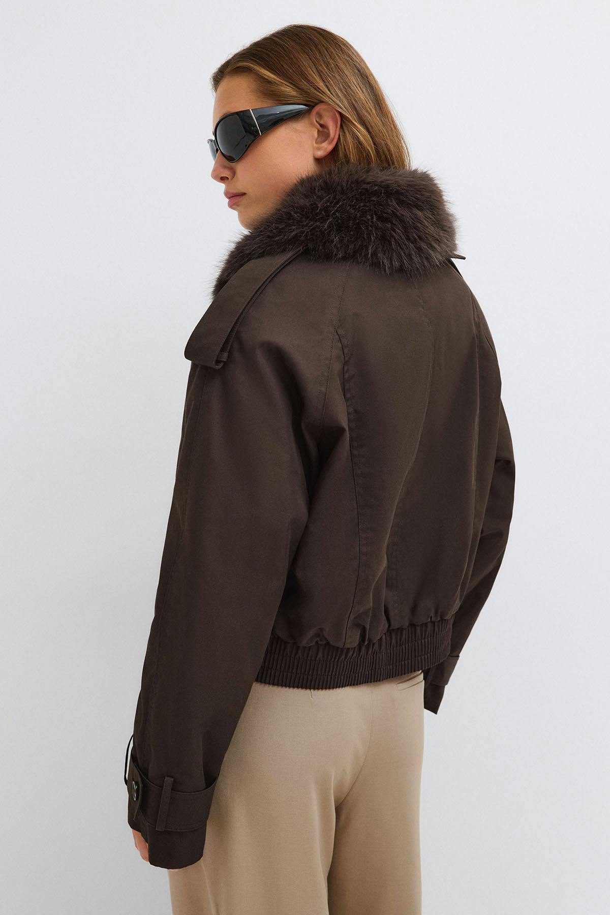 Short faux fur collar jacket - Marron foncé