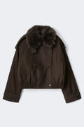 Short faux fur collar jacket - Marron foncé