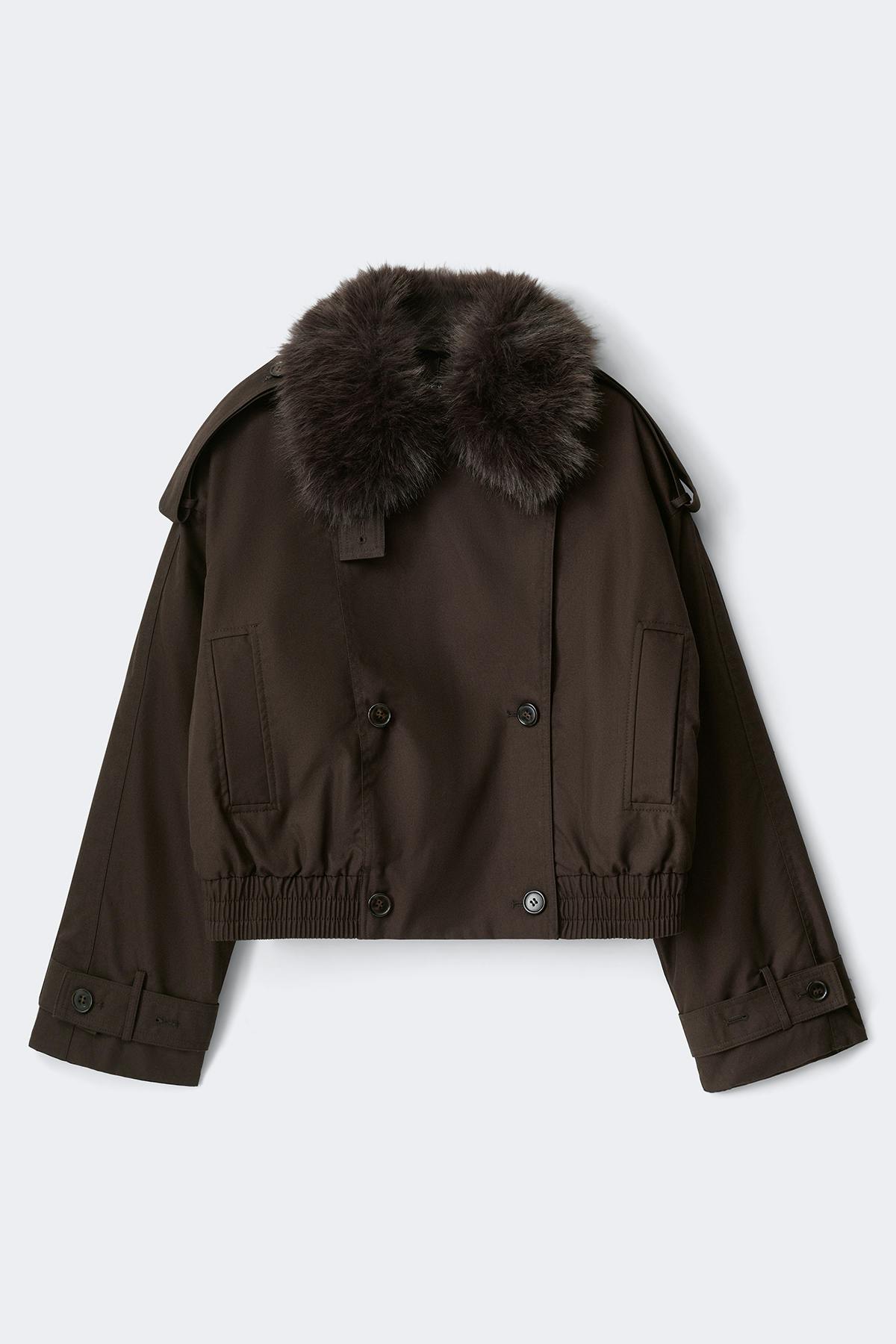Short faux fur collar jacket - Marron foncé