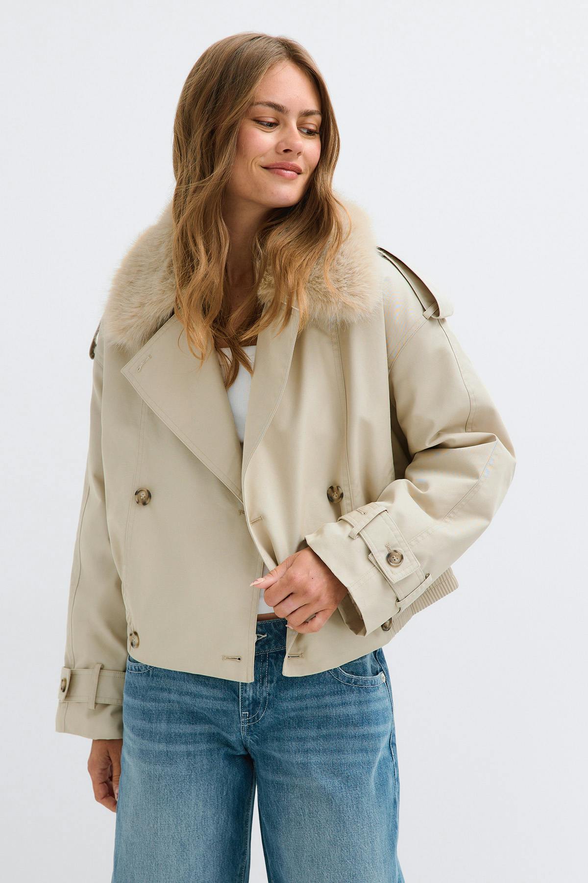 Short faux fur collar jacket - Marron foncé