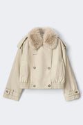 Short faux fur collar jacket - Beige clair