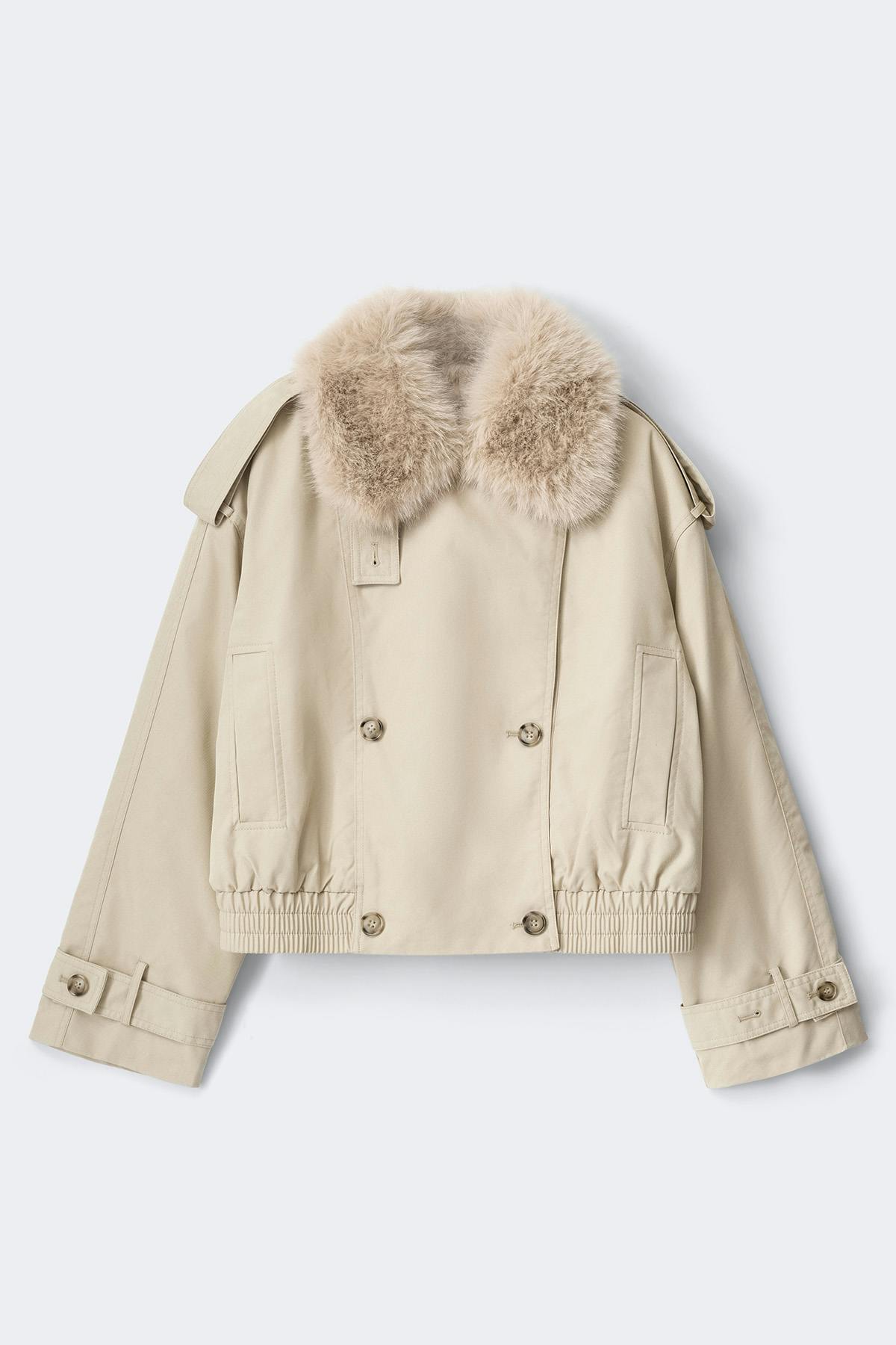 Short faux fur collar jacket - Beige clair