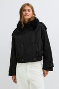 Short faux fur collar jacket - Beige clair