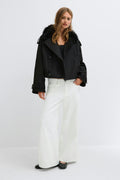 Short faux fur collar jacket - Beige clair