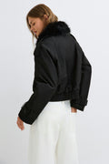 Short faux fur collar jacket - Noir