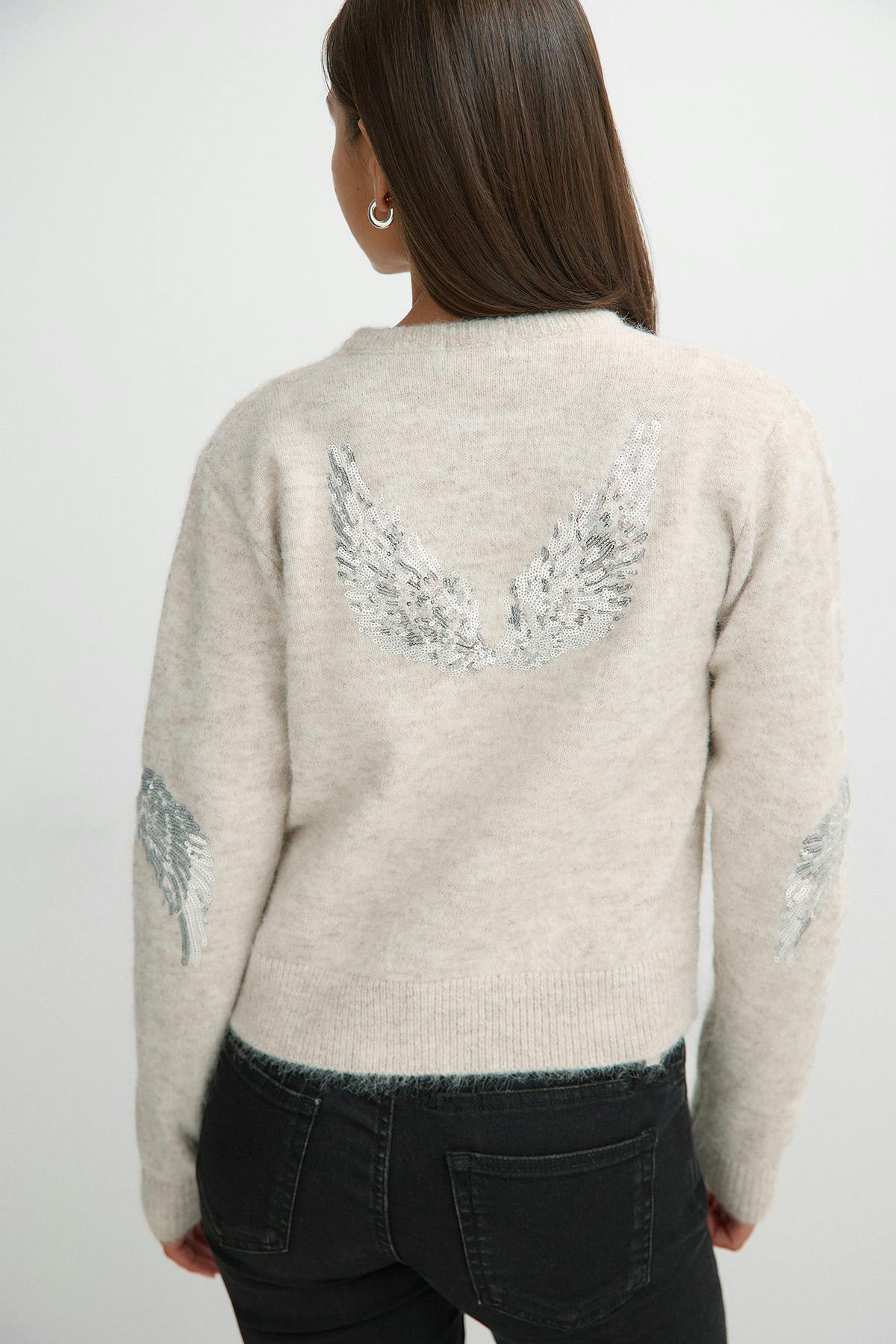 Y knitted sequin cardigan - Oat melange