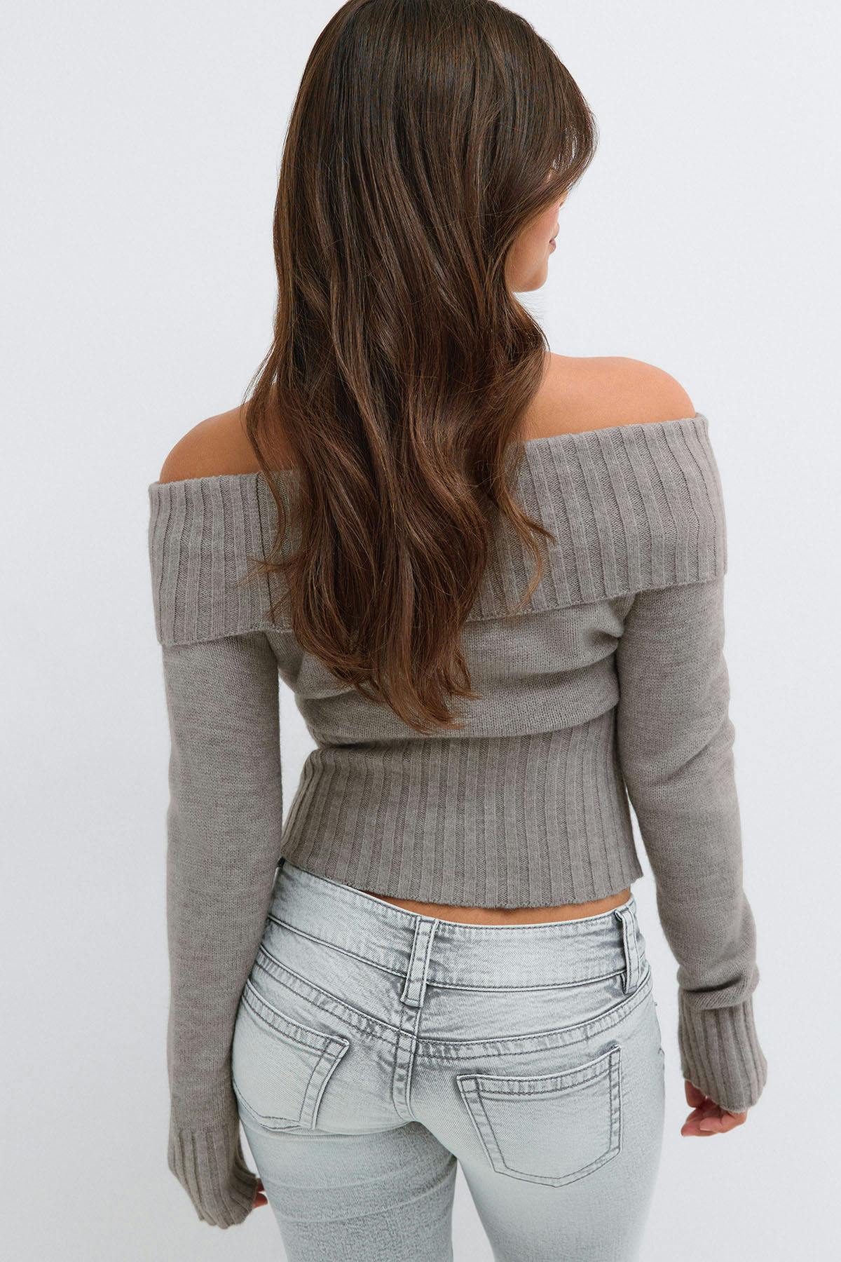 14+ knitted off shoulder top - Grey melange