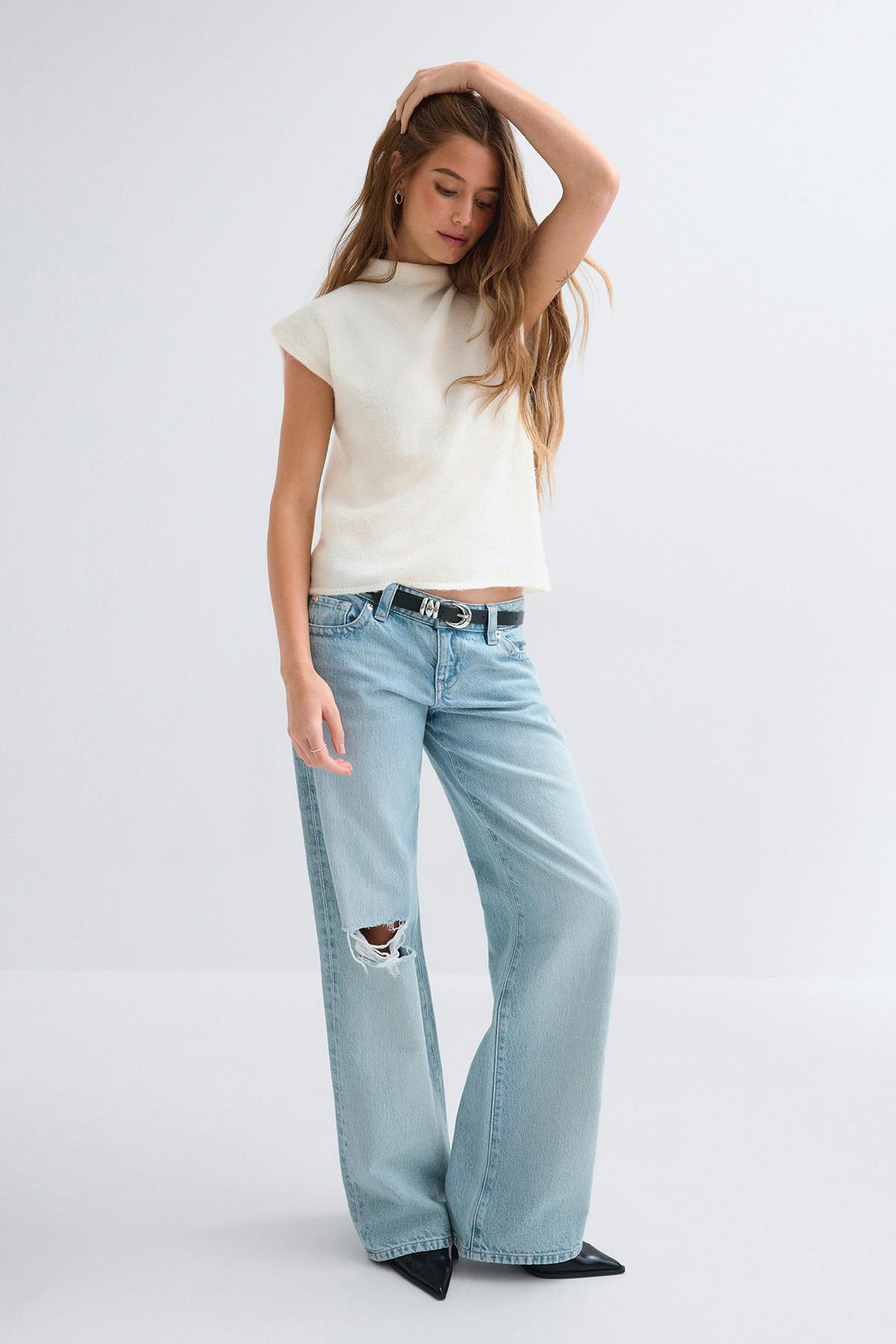 Knitted funnel neck top - Blanc cassé
