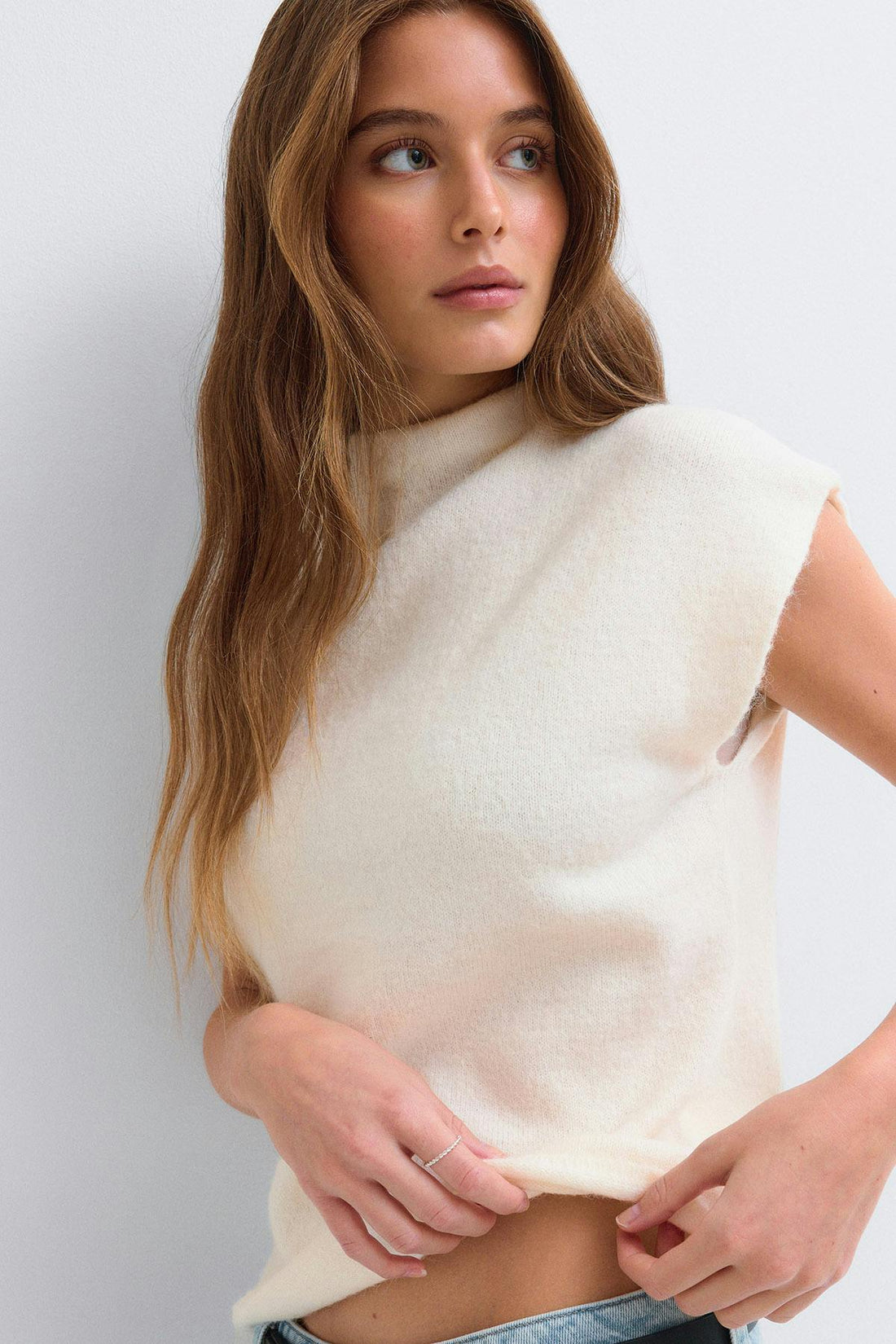 Knitted funnel neck top - Blanc cassé
