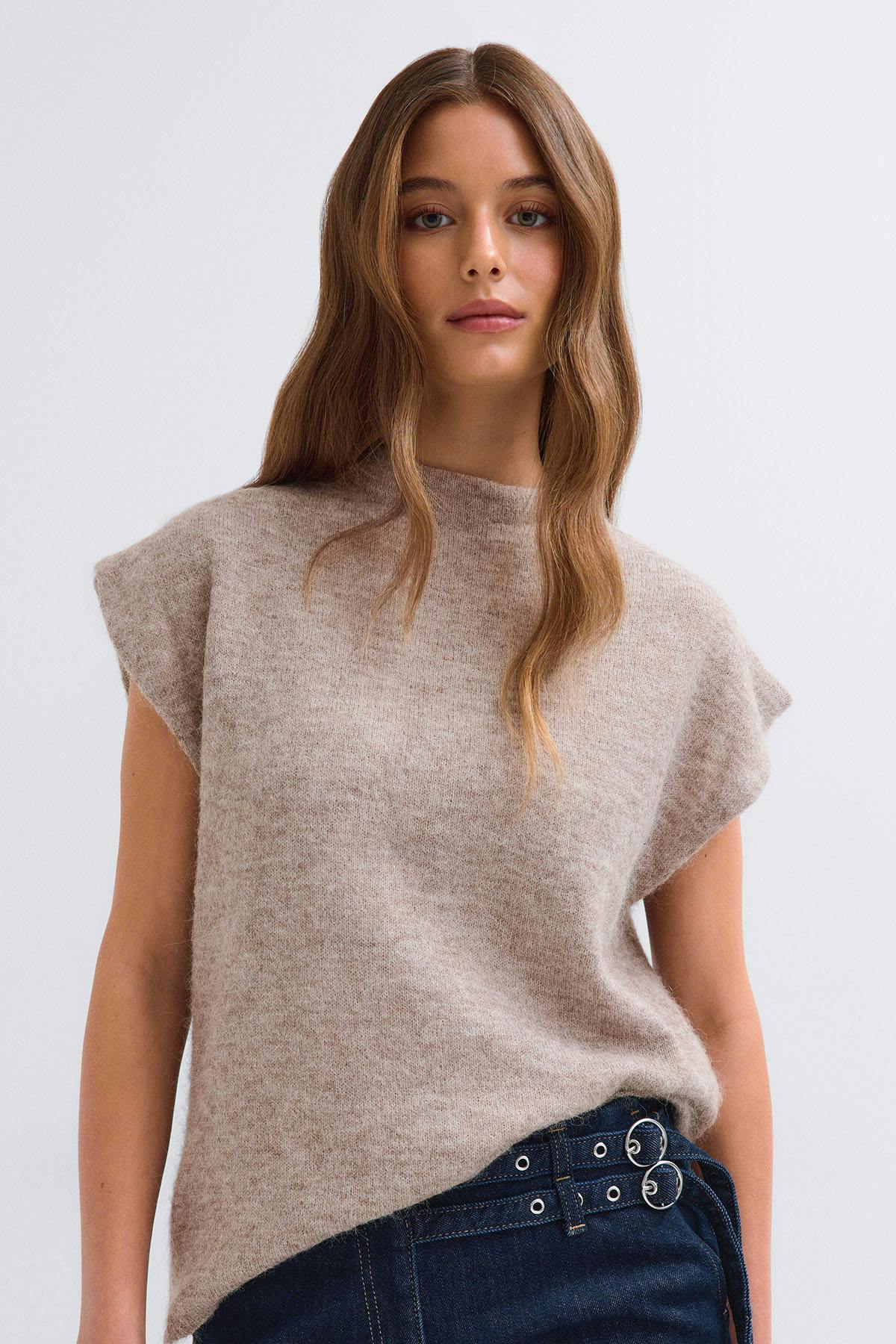Knitted funnel neck top - Marron clair