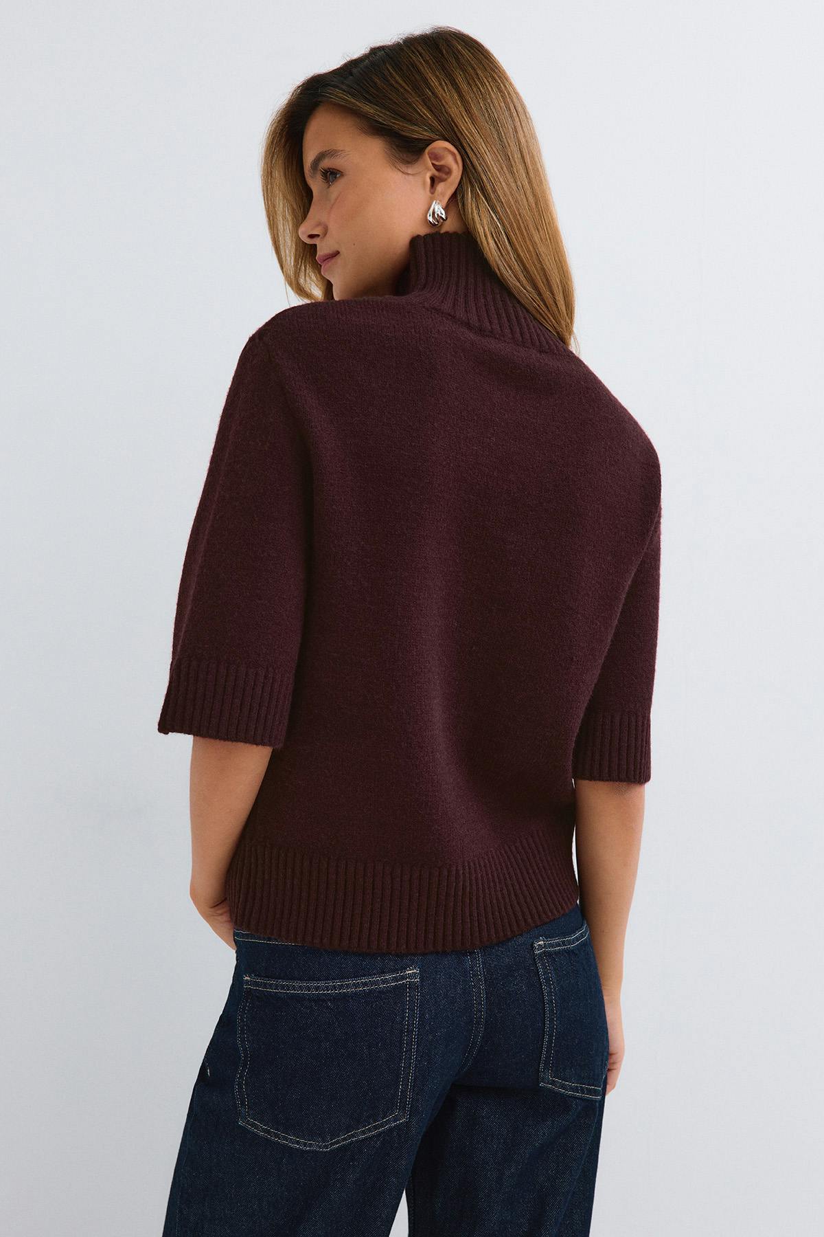 Short sleeve knitted polo top - Bordeaux foncé