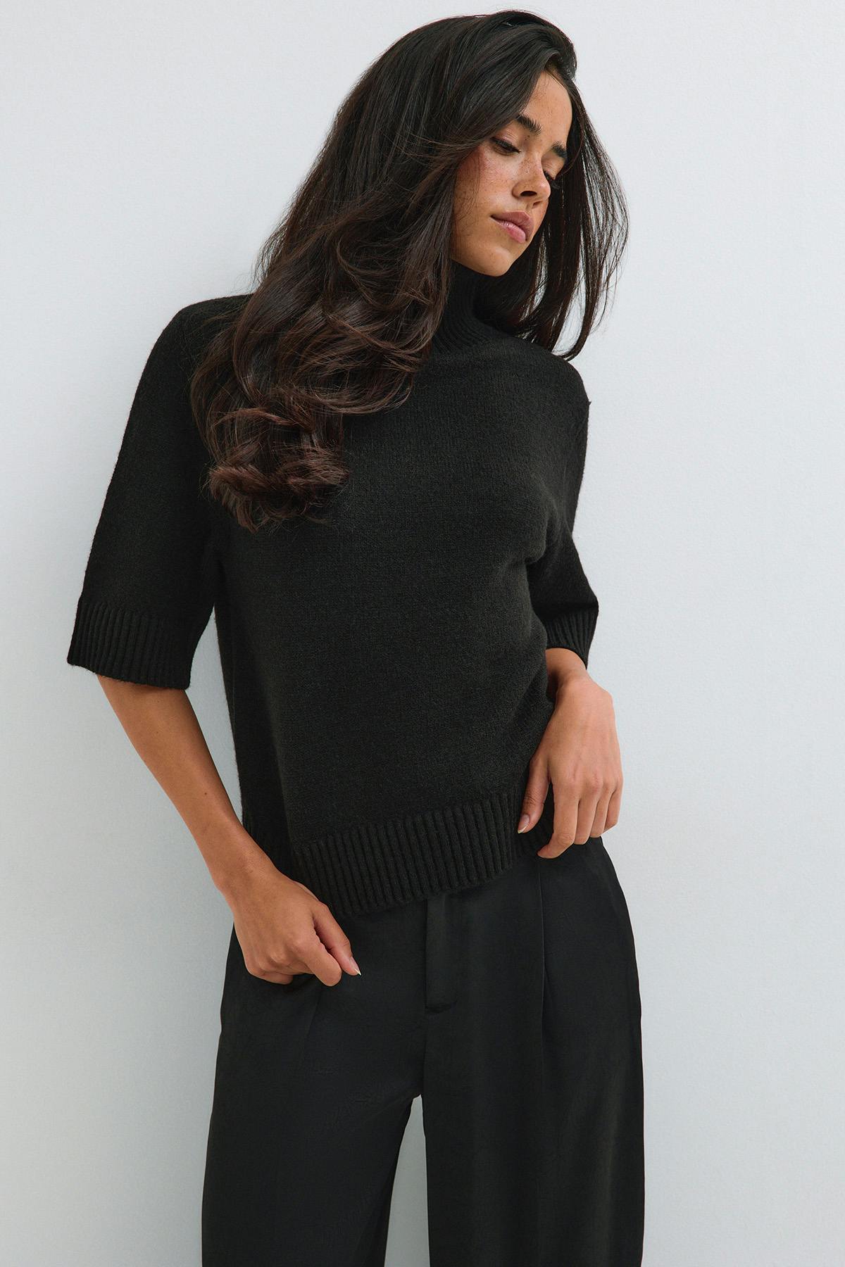 Short sleeve knitted polo top - Noir