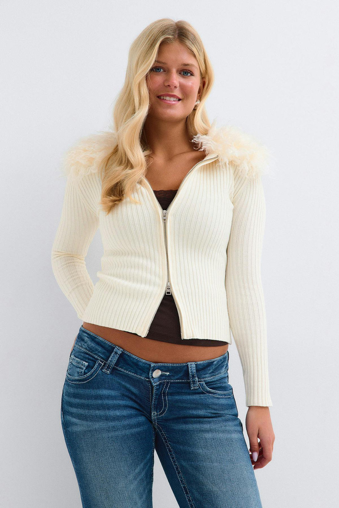 14+ fur knitted cardigan - Gardenia