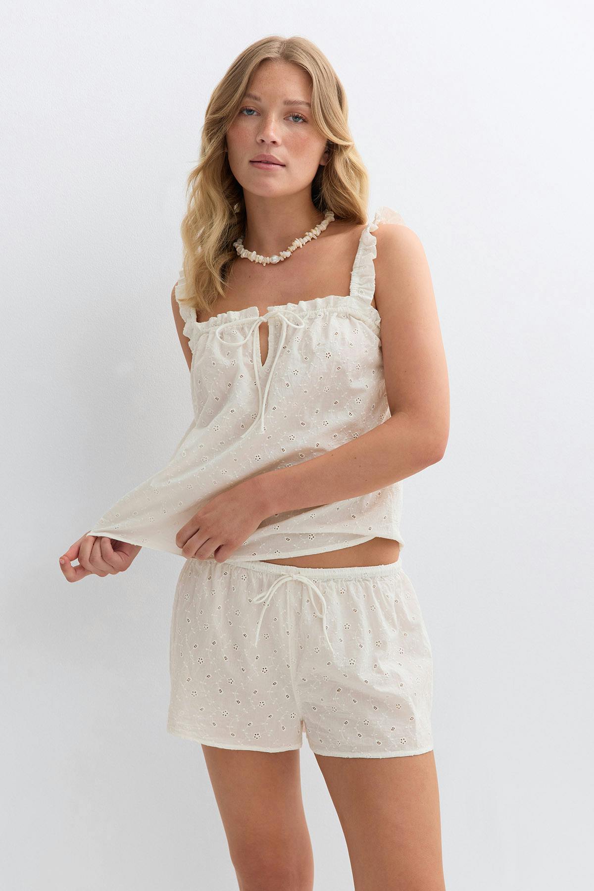 Broderie loungewear shorts - Blanc cassé
