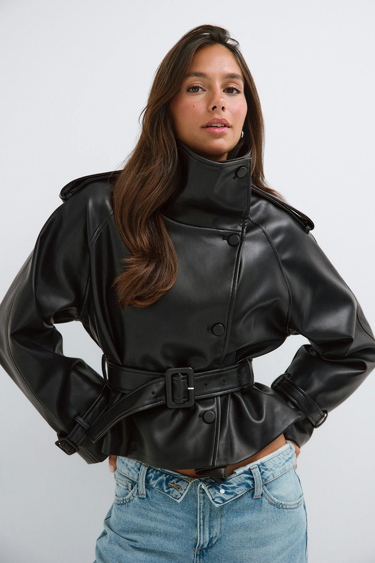 Pu high neck jacket - Noir
