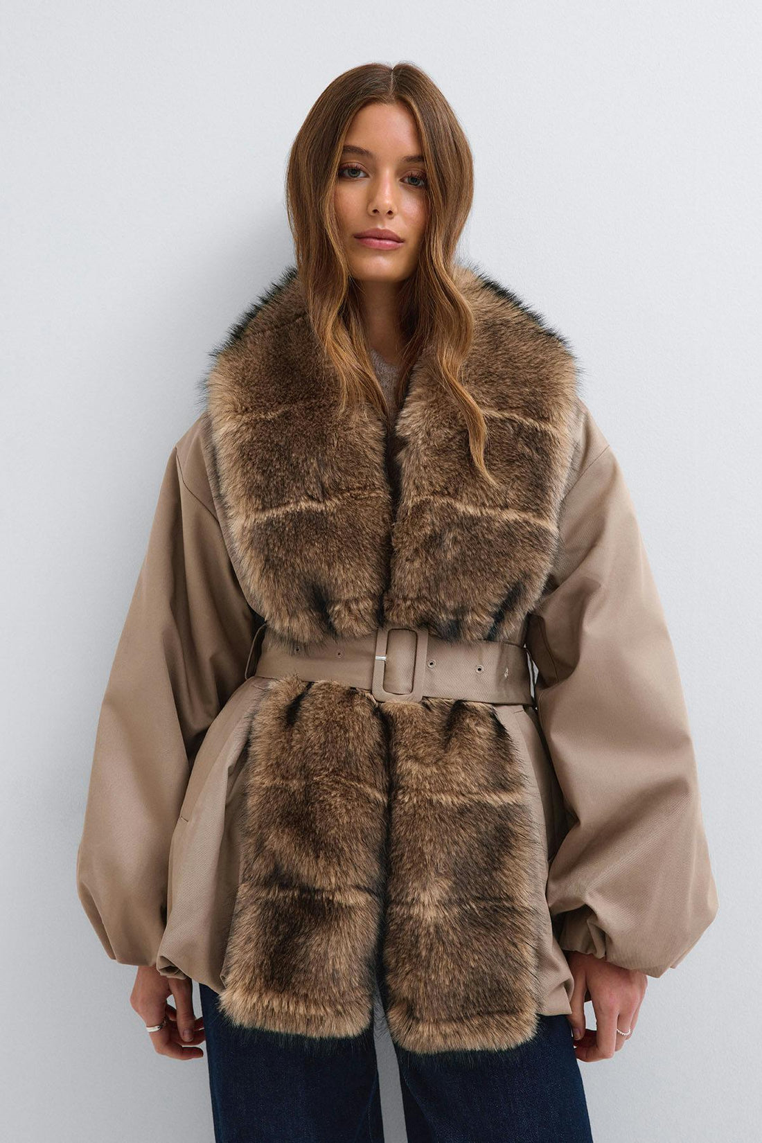 Faux fur collar padded jacket - Beige