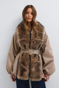 Faux fur collar padded jacket - Beige