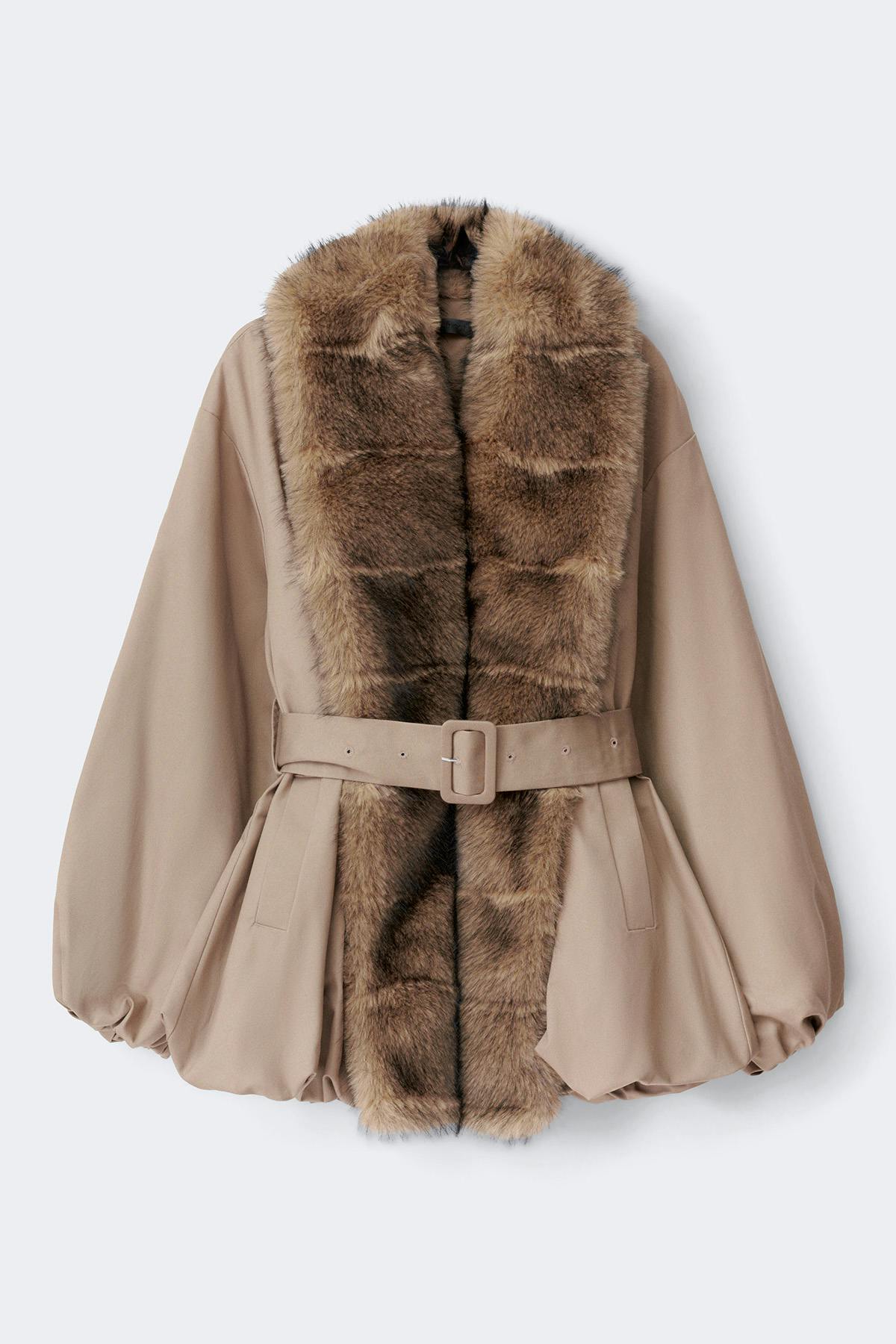 Faux fur collar padded jacket - Beige