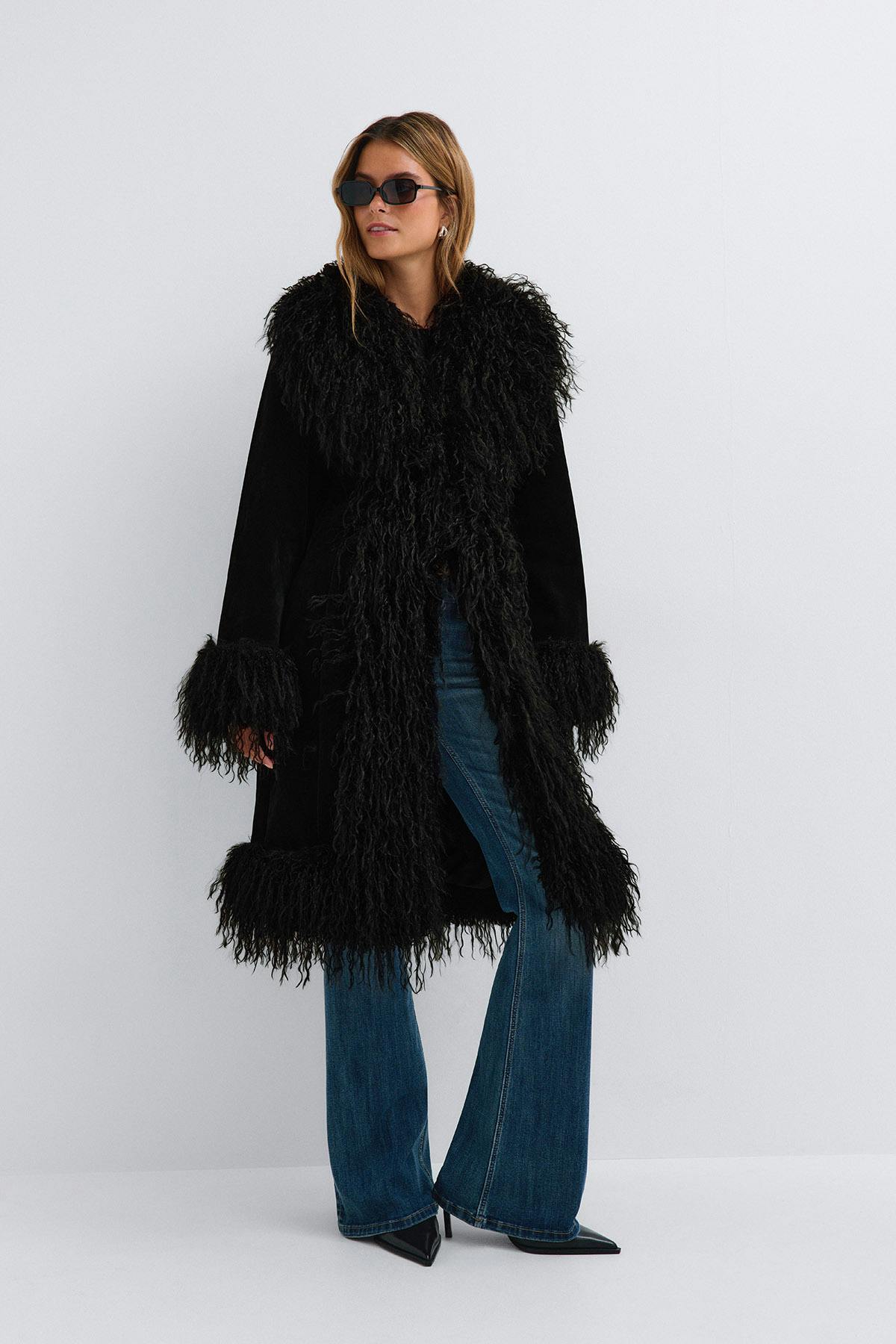 Faux suede fur jacket - Noir