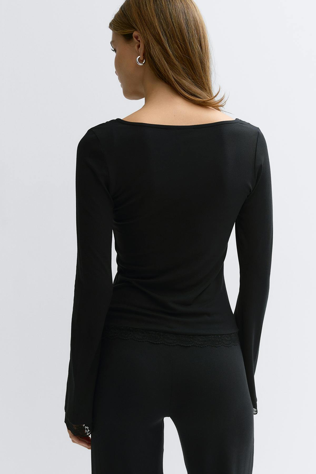 Square neck lace top - Noir