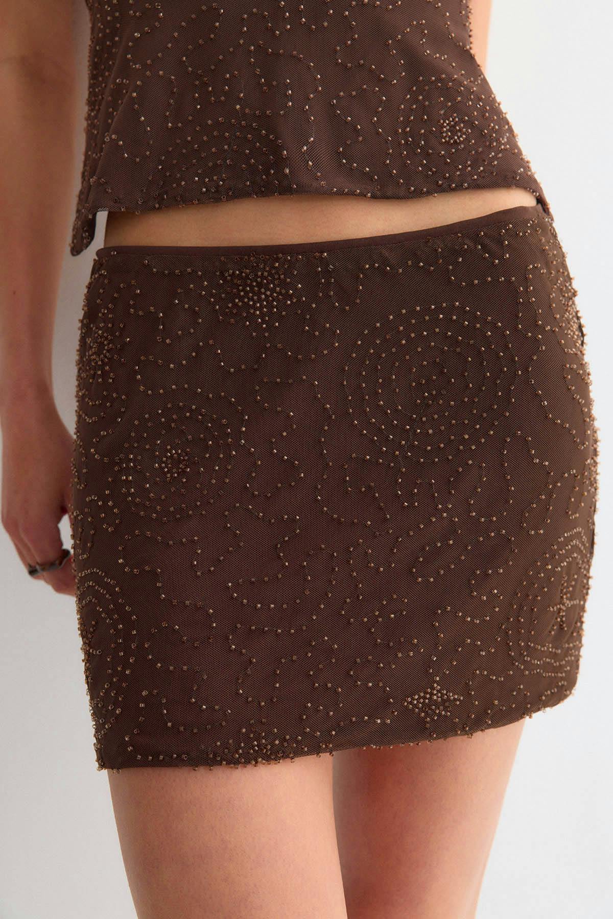 Beaded mini skirt - Marron foncé
