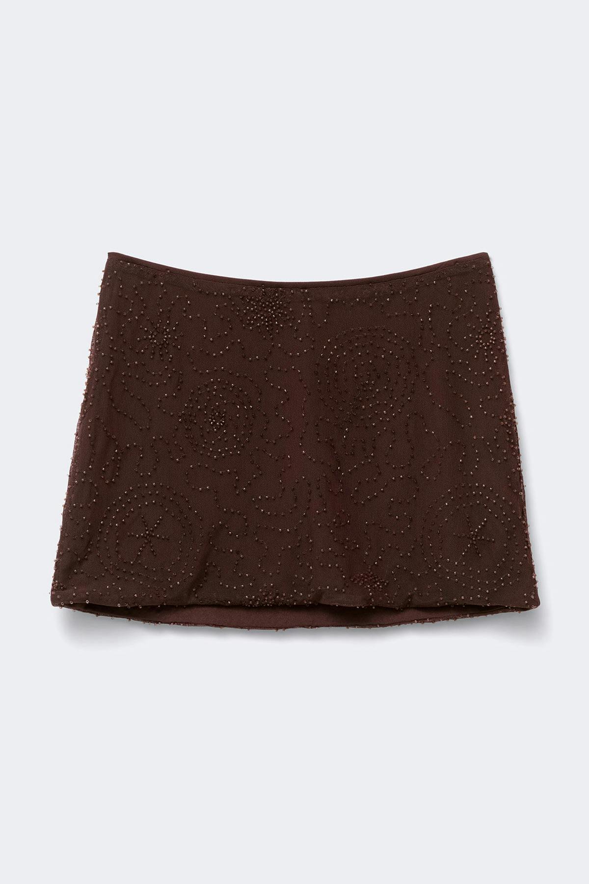 Beaded mini skirt - Marron foncé