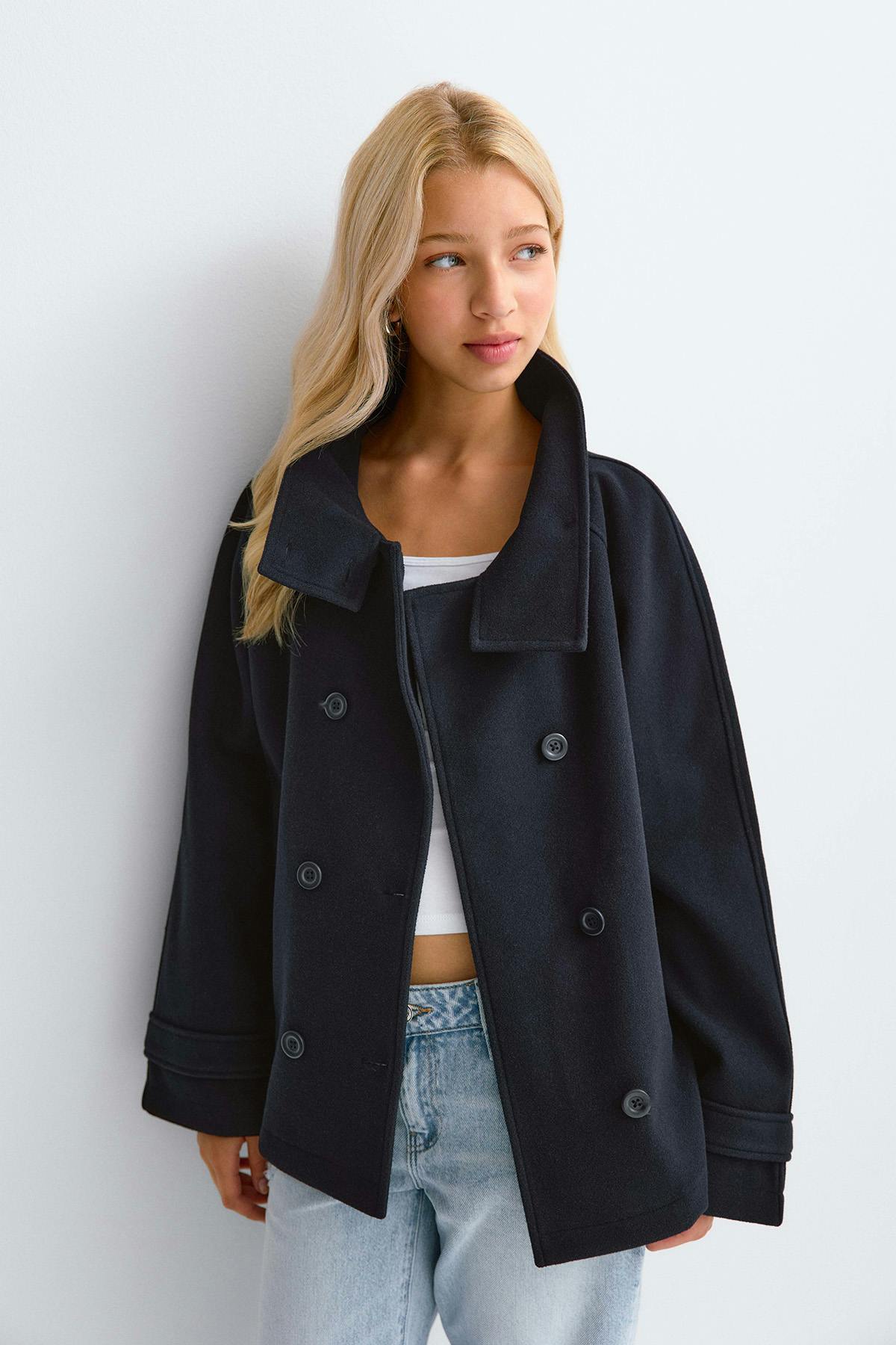 Y high neck felt jacket - Navy blazer