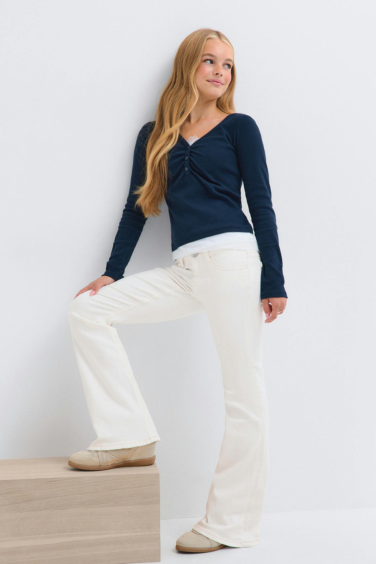 Y lace detail flap jeans - Blanc cassé