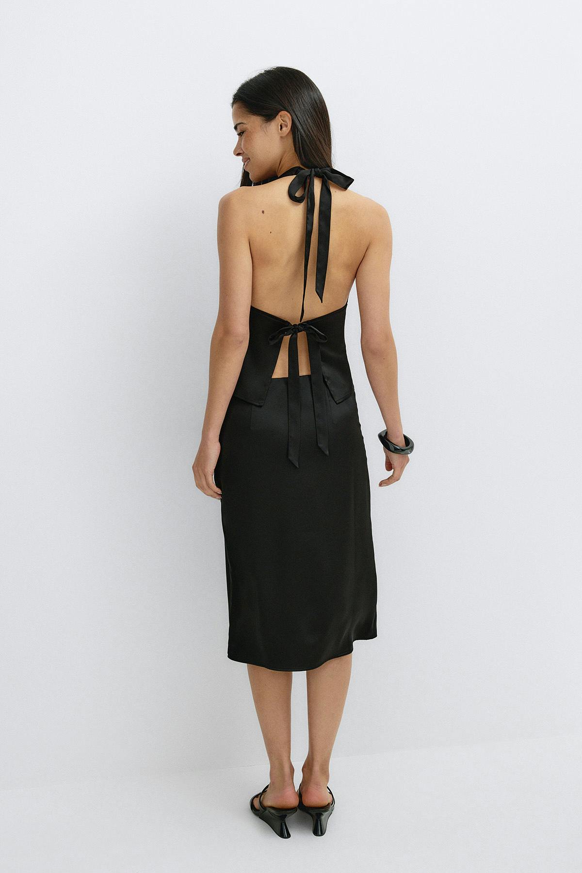Satin tie back halterneck top - Noir
